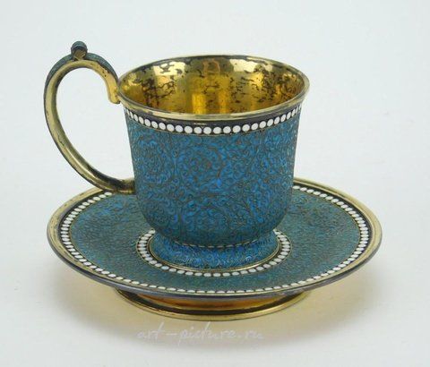 Русское серебро, Серебряная чашка и блюдце с эмалью в технике клоизонне