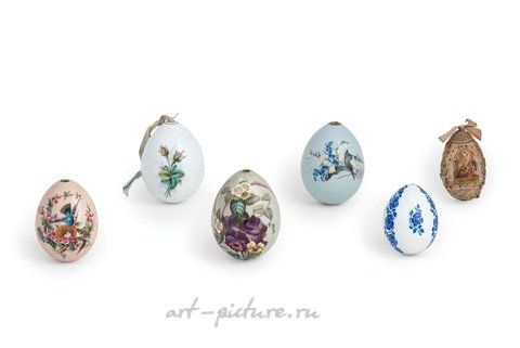 Russian silver, GROUP OF SIX EASTER EGGS IN PORCELAIN AND PAPIER MACHE, RU...