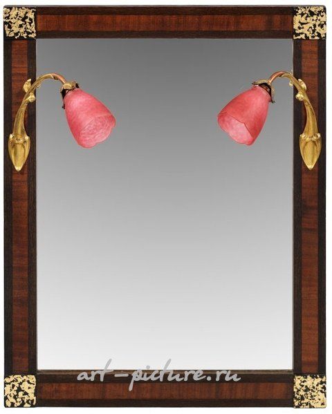 Французское зеркало в стиле ар-нуво из махагони и венге с реставрированными светильниками Луи Мажорель