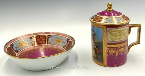 Royal Vienna, Фарфоровая чашка и миска Steuben в стиле деко. Отличное состояние