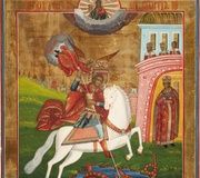 Икона большого размера с Святым Георгием, убивающим дракона...