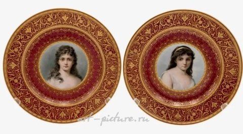 Royal Vienna, Фарфоровые тарелки в стиле Royal Vienna, около 1900 года, диаметр 8,5 дюйма.