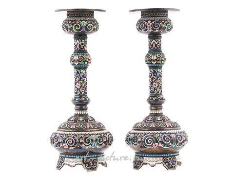 俄罗斯银, 美丽而令人印象深刻的一对俄罗斯古董银烛台，84纯度。
