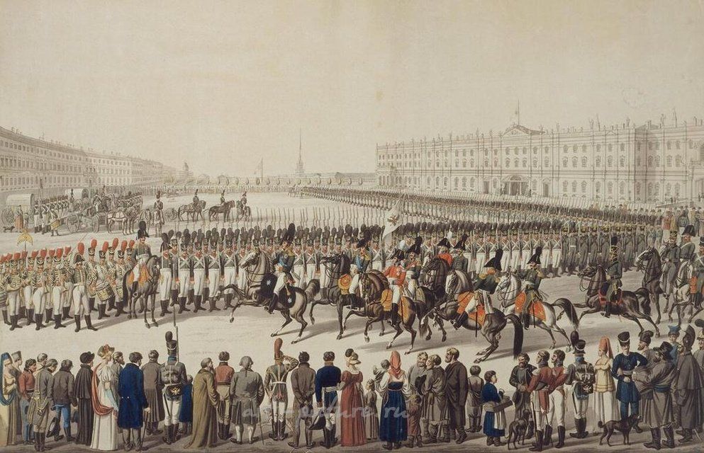 Изображение парада на Дворцовой площади в Петербурге