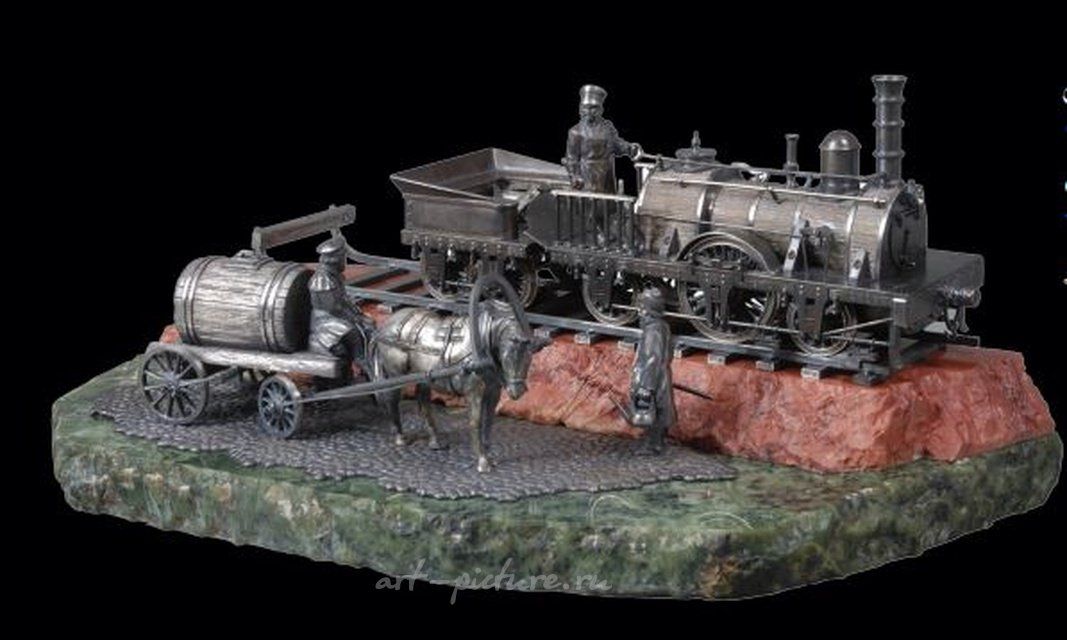 Ювелирная скульптурная композиция посвященная Царскосельской железной дороги, Паровоз (локомотив) типа 0-3-0, 1837 года, серебро