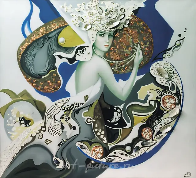 Aphrodite., 1998, canvas, mixed technique (oil, acrylic, gold, shell, beads), 100x110