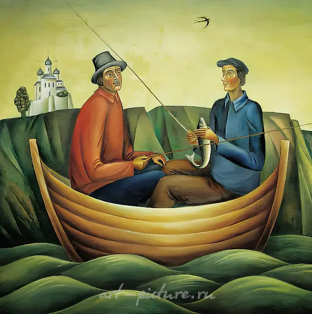 Two Men on a Boat, 1985, oil on canvas, 100x100