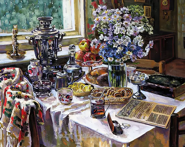 品茶，2000年，布面油画，80×100厘米，$1,500，作者所有