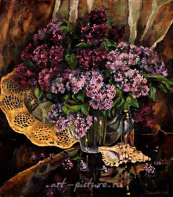 紫丁香、贝壳和草帽，1998年，布面油画，70x60厘米，$500，作者自藏