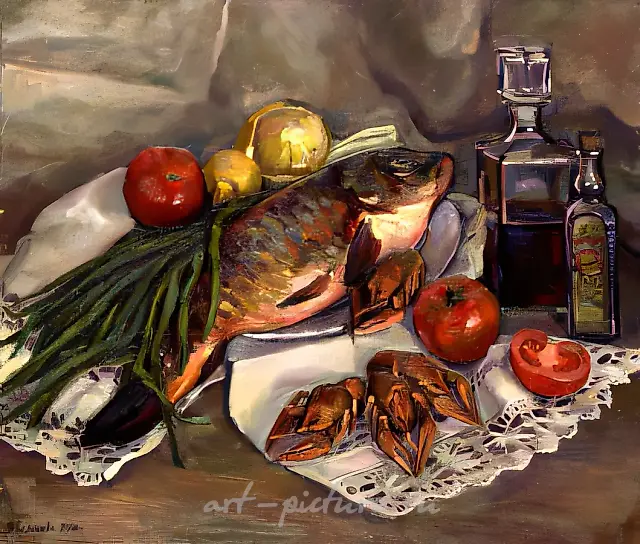 静物：鱼与小龙虾，1998年，布面油画，50x60厘米，$400，作者自藏