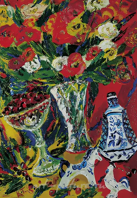 Gzhel and Tulips., 1998, oil on canvas, 70x50