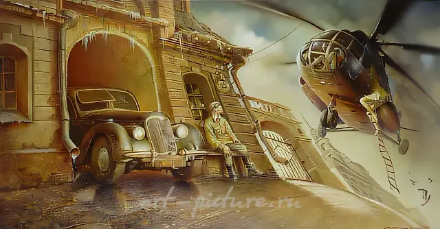 省城居民穆欣的梦，1999年，布面油画，80x140厘米。私人收藏。伦敦。