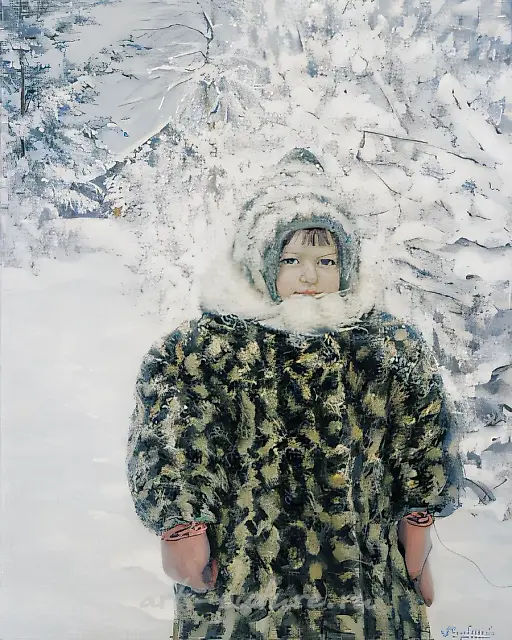 穿着皮大衣的女孩，1998年，油画，100×80厘米
