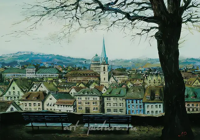 View on Zurich From Embankment, 1999, oil on canvas, 25x35