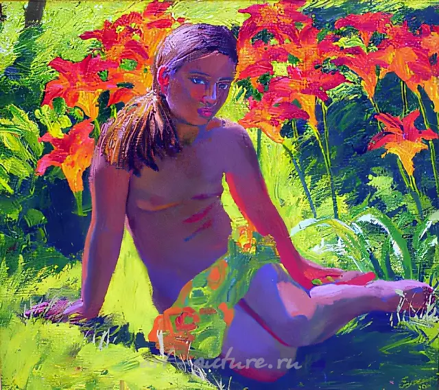 Girl in lilies., 2000, canvas, oil, 95x100, $1.000 Author`s property
