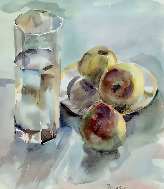 静物与玻璃杯，1996年，水彩，纸本，28x25.5厘米，500美元。作者自藏。