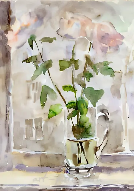 冬天的玫瑰，1996年，水彩，纸本，46x33.5厘米，500美元。S. V. Filimonov。私人收藏，俄罗斯新西伯利亚。