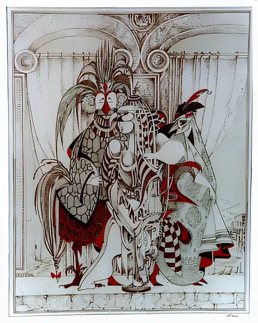 Bird in cage. Series "Masks and costumes", 1999, coloured ink, paper, pen, 60х50, $1.200
