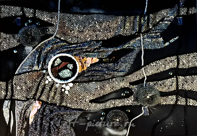 Silver stream, 2000, junk-collage, textile, metal, glass, mixed technique, 50х70, $400
