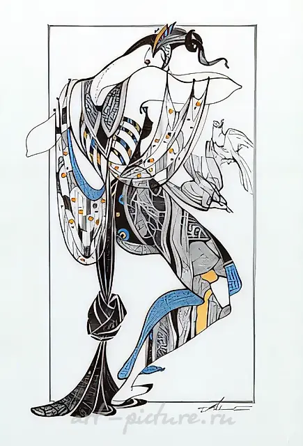 Birds-II. Series "Masks and costumes", 2001, ink, paper, pen, acrylic, 40х30, $180