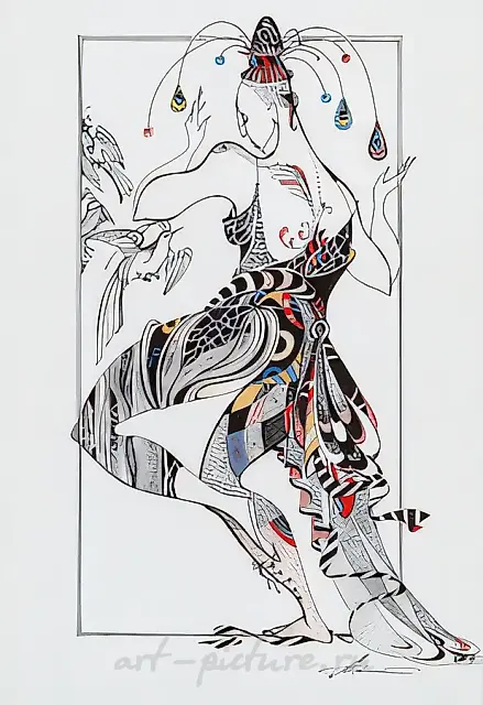 Birds-I. Series "Masks and costumes", 2001, ink, paper, pen, acrylic, 40х30, $180