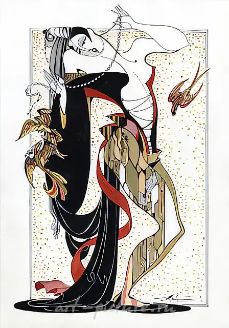 Spiral. Birds-IV. Series "Masks and costumes", 2001, ink, paper, pen, acrylic, 40х30, $240