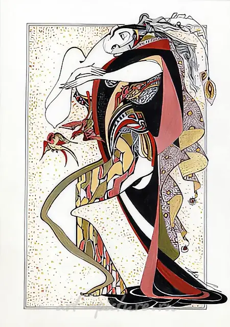 Slipping away shadow. Birds-III. Series "Masks and costumes", 2001, ink, paper, pen, acrylic, 40x30, $240