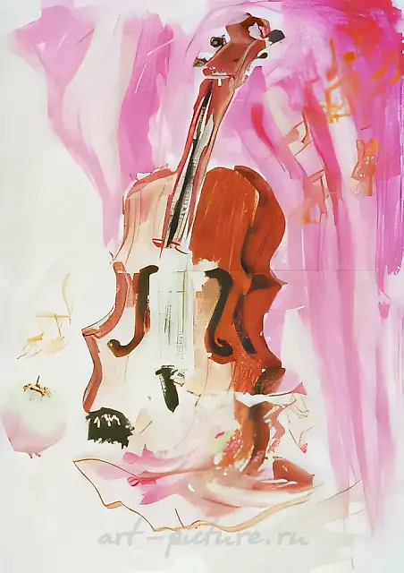 静物。小提琴与苹果，1999年，木板，水粉，55x45