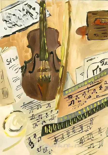 静物。小提琴，1999年，木板，水粉，30x24