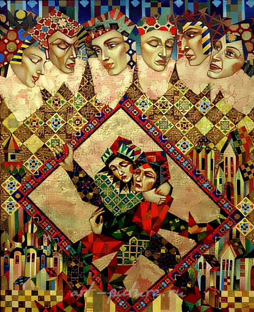 The whole world is a theatre. Triptych, 2001, oil on canvas, 100x36, 100x80, 100x36 Author’s property
