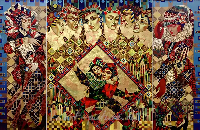 All the World`s a Stage. Triptych, 2001, canvas, oil, 100x36, 100x80, 100x36. Author`s property