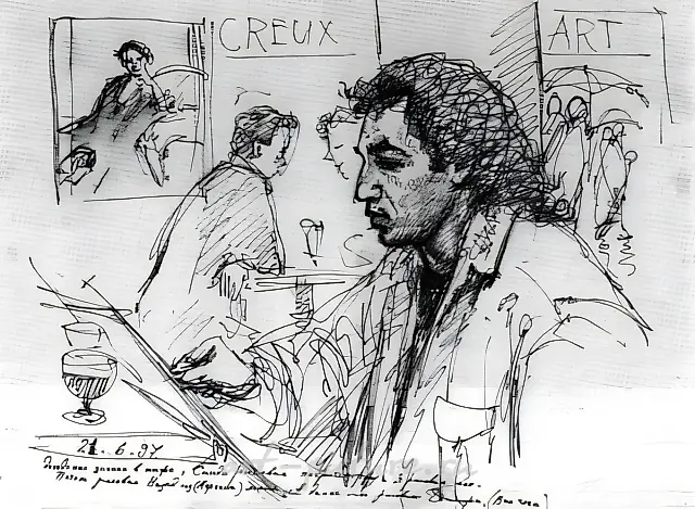 Tunisian artist painting in the cafe, 1997, paper, pen, ink, 23х30