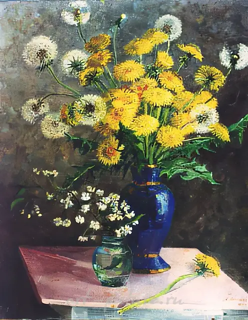 A. 奥兰斯卡娅，《带蒲公英的静物》，1970年，布面油画，80×60厘米，私人收藏。俄罗斯
