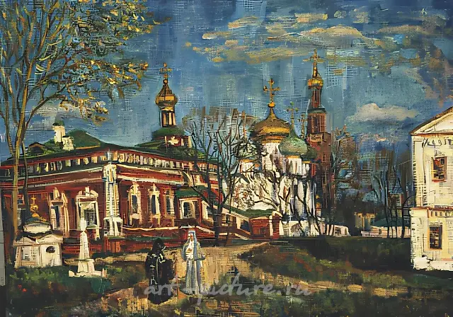 D.Nebogatov. Novodevichy cloister. Evening, 1992, oil on canvas upon cardboard, 50х70 Privat collection. Russia