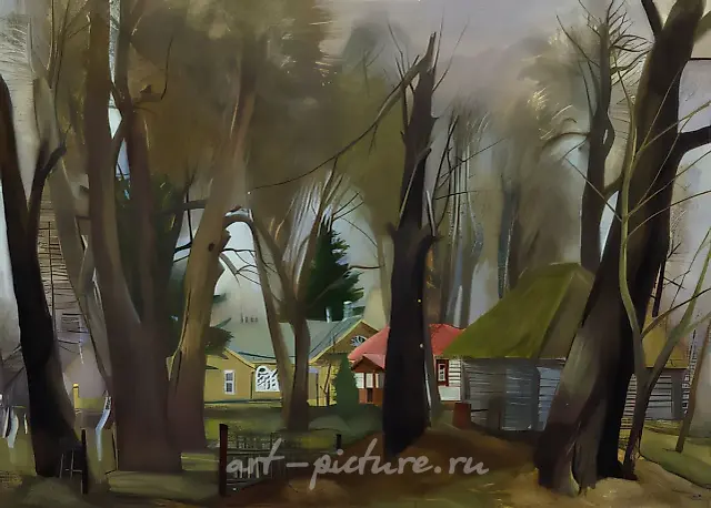 Country estate`s yard of A.P.Chekhov in Melikhovo, 2000, paper, tempera, acrylic, 56x76 Author`s property