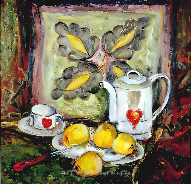 静物与白色茶壶，1998年，纸板，油画，50x50，作者自藏