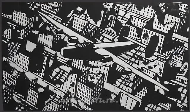 Bomber over Moscow, 2001, woodcuts on brazilian plywood, 83 x 140