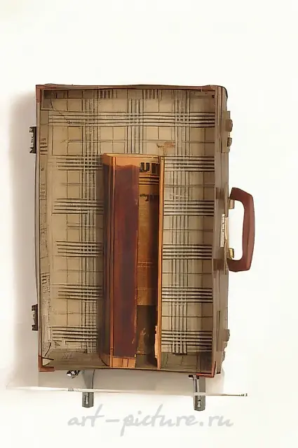 亚伦柜（内有托拉经卷），2006年，计时器、手提箱、木制书架、1965年以色列报纸。私人收藏。