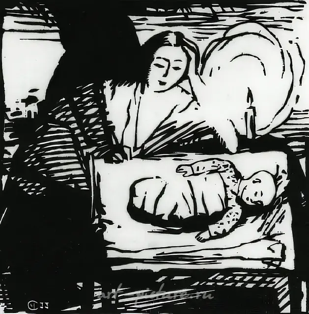 烛光下，1988年，木刻，9.2 × 9.5厘米。作者自藏。