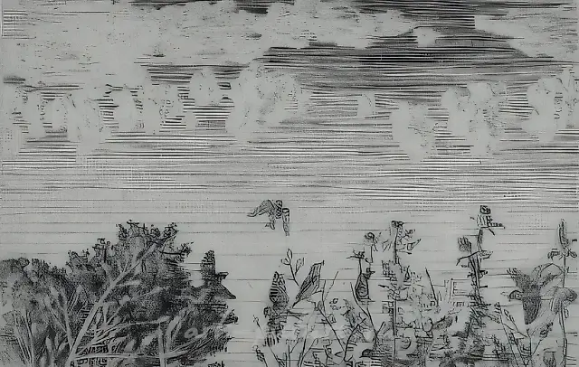 清晨。啁啾，1981年，铜版凿刻版画，10x15厘米。作者自藏。