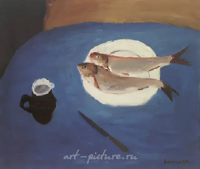 《白色盘上的鱼》，1990年，纤维板，油画，70x60，作者自藏