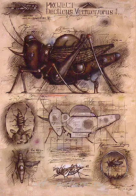 项目《VERRUCIVORUS 蝗虫》，1993年，纸本，墨水，钢笔，铅笔，水彩，水粉，80x60厘米。加里宁格勒美术馆。
