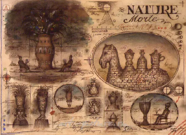 静物，1992年，纸张、墨水、蘸水笔、铅笔、水彩、石膏，60×80厘米。加里宁格勒艺术画廊