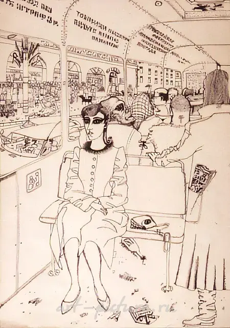 In a Trolley-bus, 1988, paper, indian ink, pen, 30x21 Author`s property