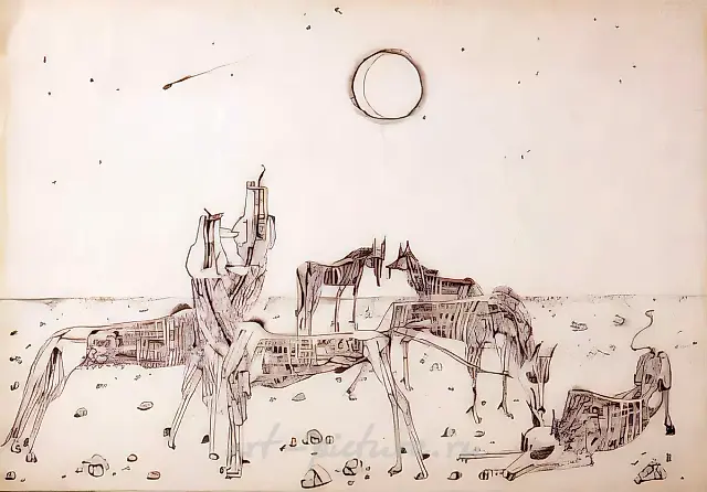 Metaphysical Landscape, 1985, paper, indian ink, pen, 21x30 Author`s property