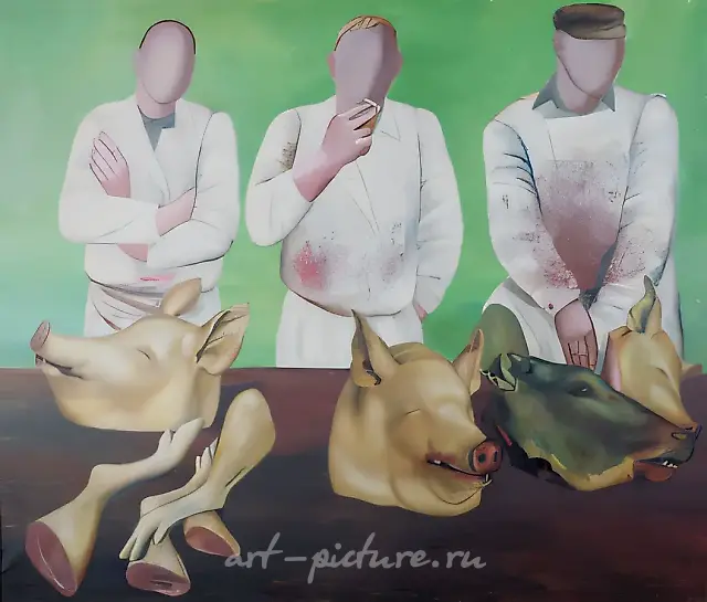 Butchers., 1995, oil on plywood, 150x200 Author`s property.