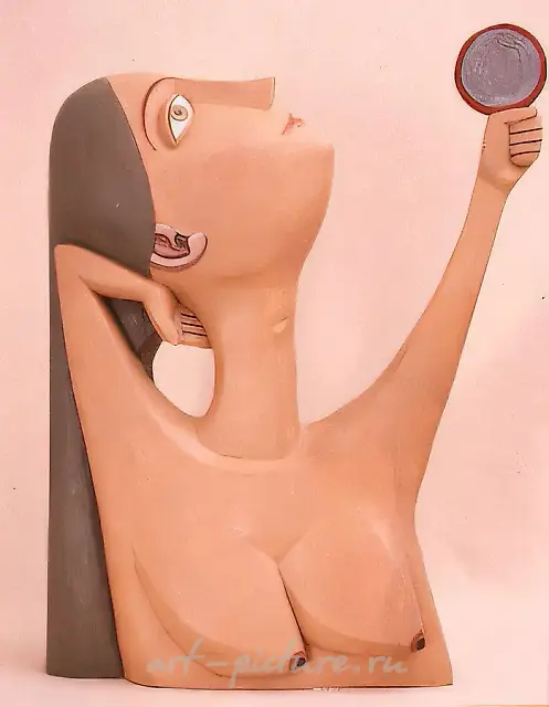 女子在镜前，1993年，染色木材，高60