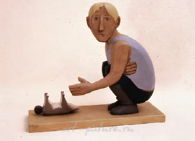 带狗的男人，1994年，染色木雕，高度20