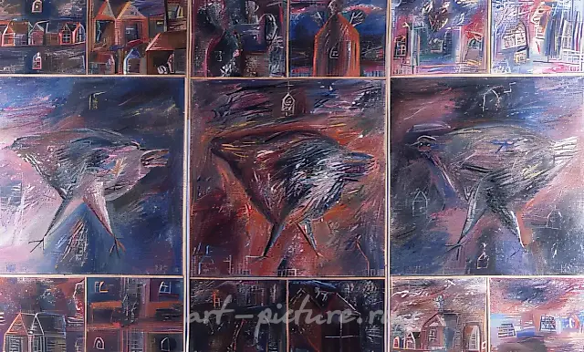 三只母鸡（由15部分组成），1990年，布面油画，180×300厘米。作者所有。