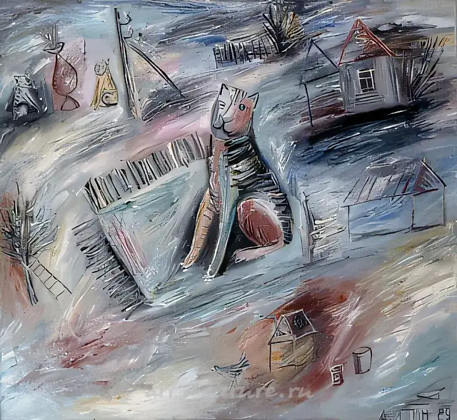 雪地里的猫，1989年，布面油画，100x120厘米。私人收藏。